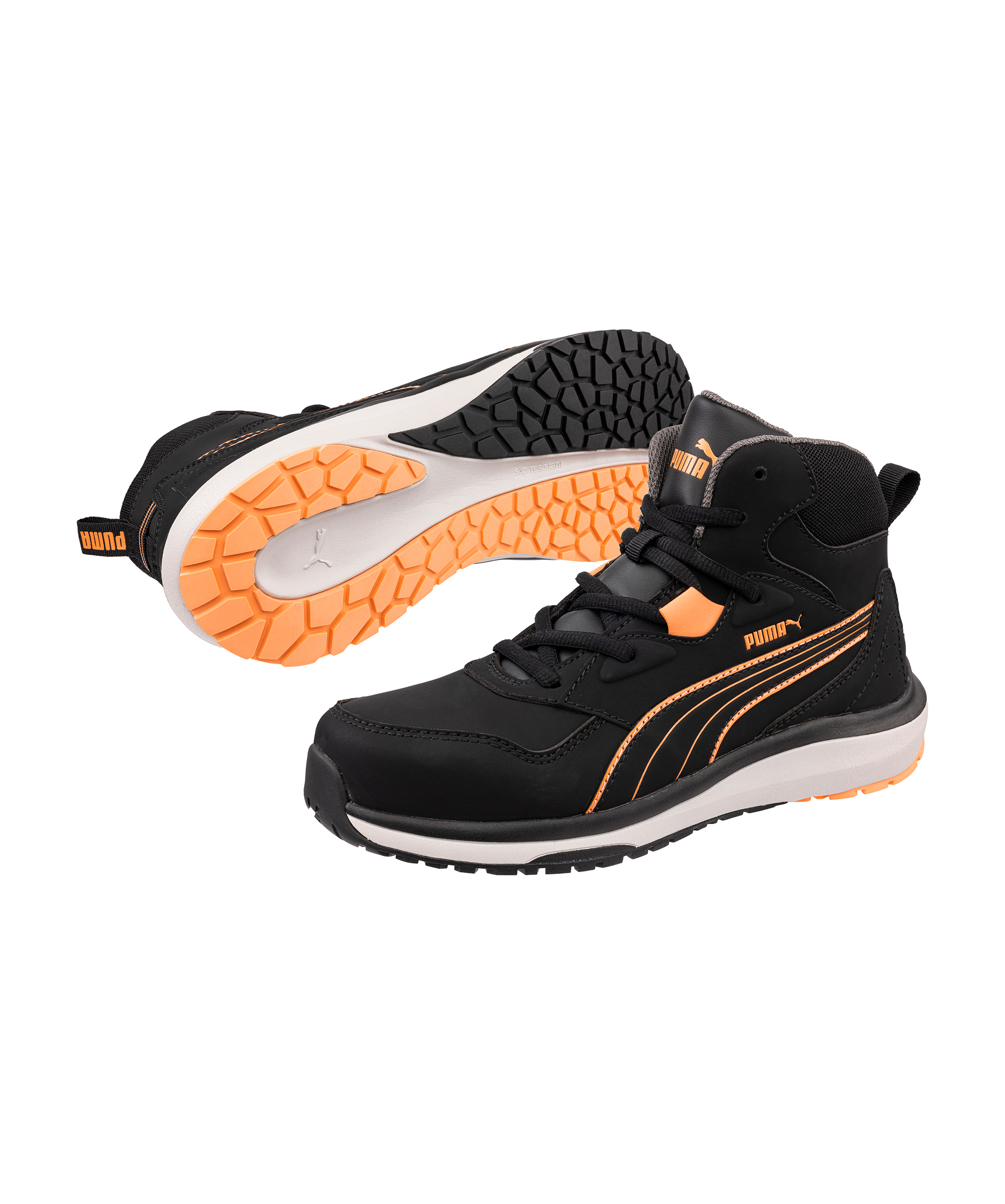 PUMA SAFETY Stepper Mid S3S Damen in Schwarz/Orange – Vorderansicht