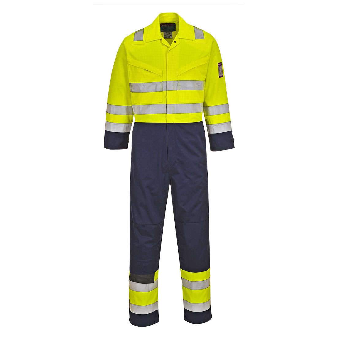 Portwest Modaflame Work Hi-Vis Multi-Norm Contrast FR Coverall in Gelb/Marine – Vorderansicht
