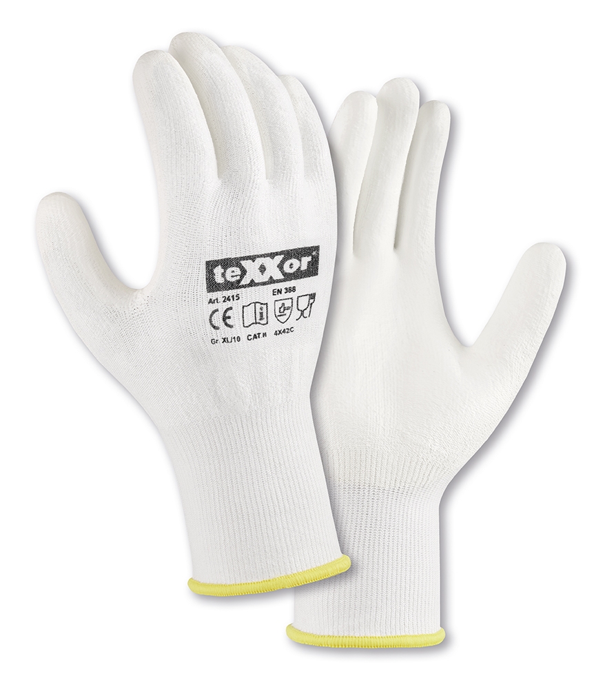teXXor® Schnittschutz-Strickhandschuhe PU-BESCHICHTUNG in Weiß/Weiß – Vorderansicht