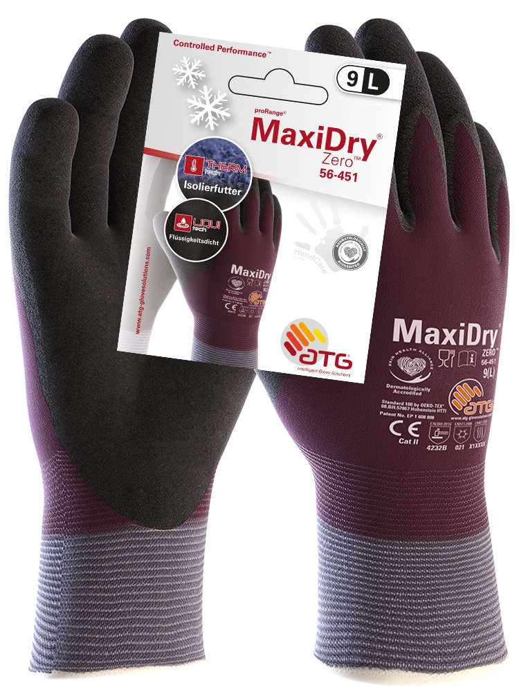 ATG® MaxiDry® Zero™ Nylon-Strickhandschuhe (56-451 HCT), SB-Verpackung in Lila/Schwarz – Vorderansicht