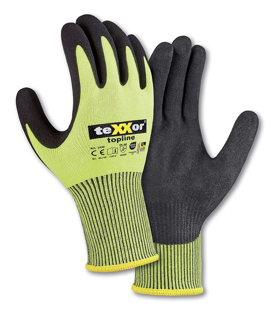 teXXor® Schnittschutz-Strickhandschuhe BESANDETE NITRILBESCHICHTUNG in Gelb/Schwarz – Vorderansicht