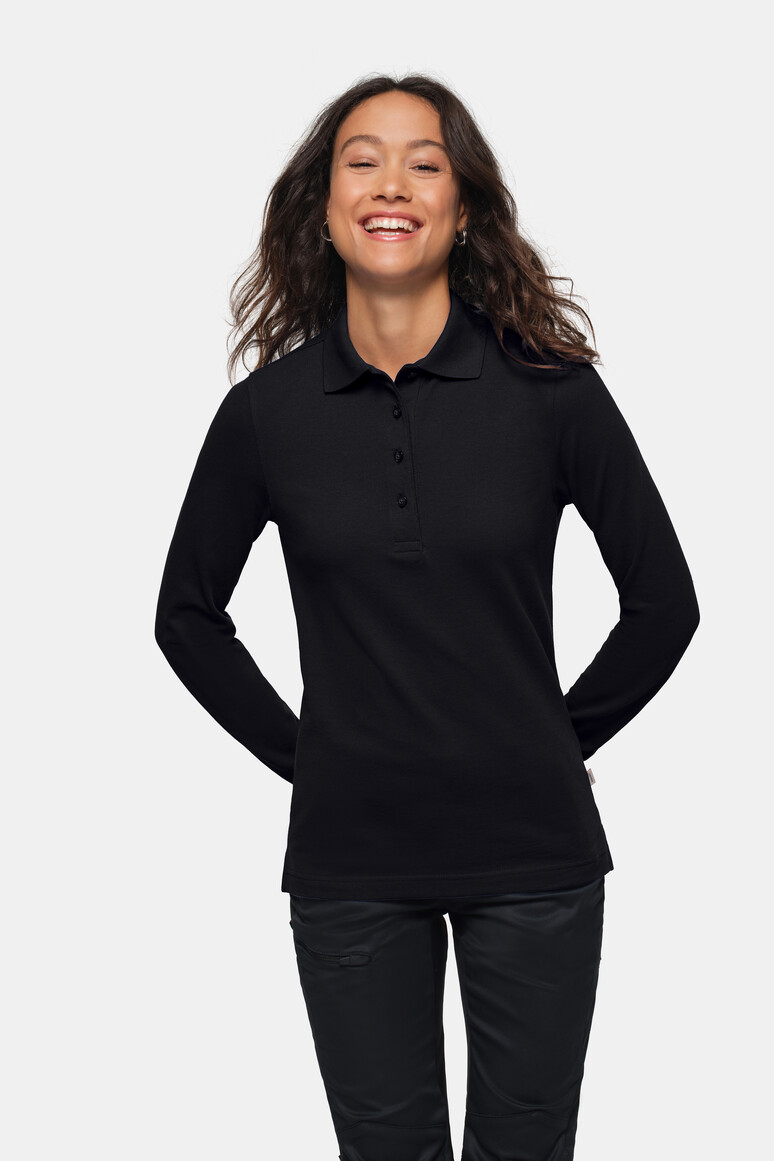 HAKRO 215 Damen Longsleeve-Poloshirt MIKRALINAR® in Schwarz – Modellansicht