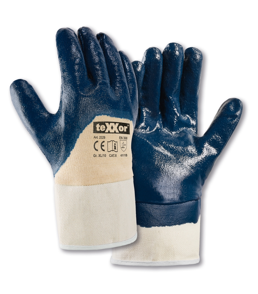 teXXor® Nitril-Handschuhe STULPE in Beige/Blau – Vorderansicht
