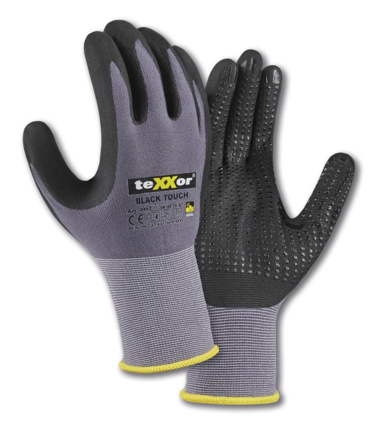 teXXor® Nylon-Strickhandschuhe BLACK TOUCH® in Grau/Schwarz – Detailansicht