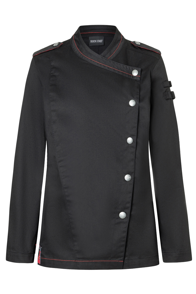 Langarm Damenkochjacke ROCK CHEF®-Stage2 in Schwarz – Vorderansicht