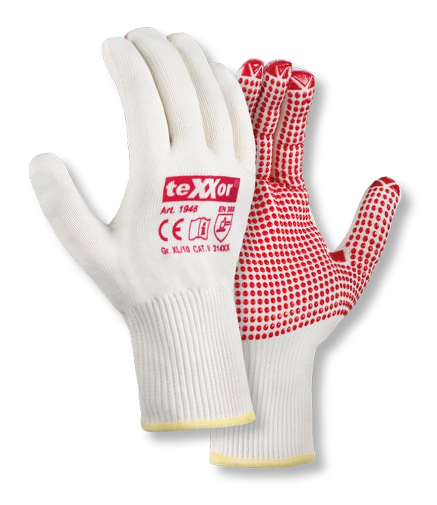 teXXor® Feinstrick-Handschuhe BAUMWOLLE/NYLON in Beige/Rote Noppen – Vorderansicht