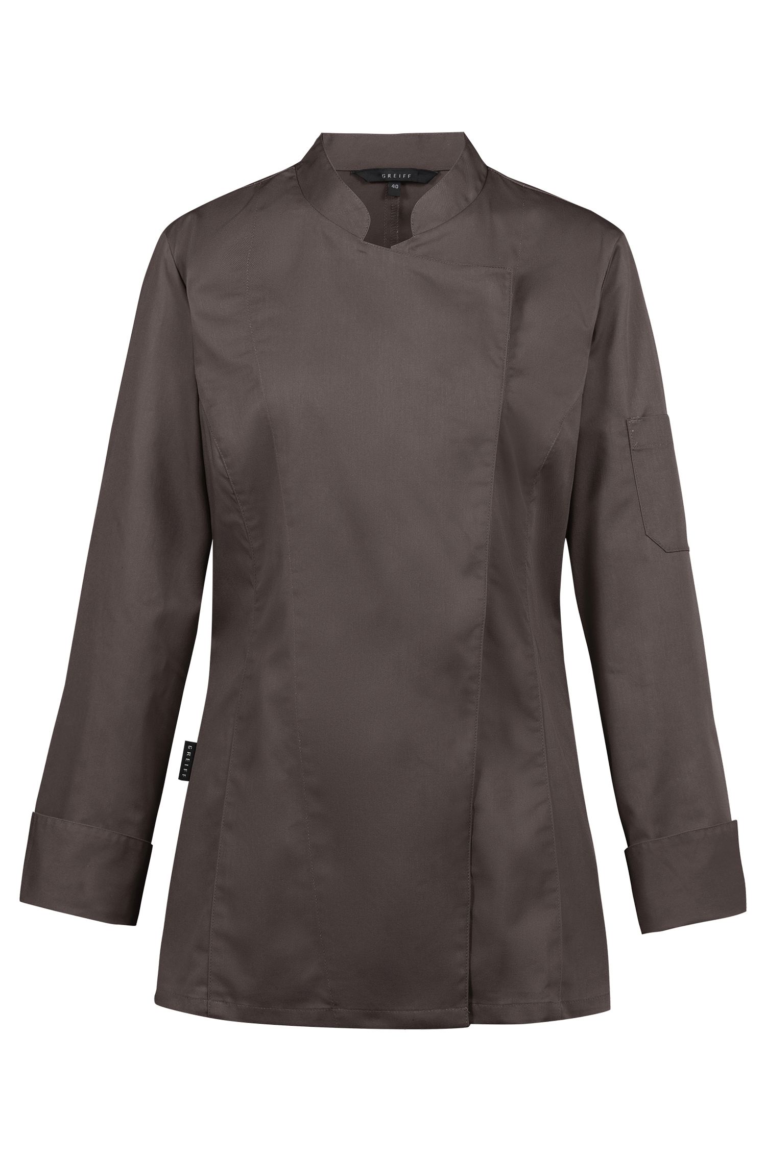 Greiff Damen-Kochjacke mit verdeckten Druckknöpfen RF in Taupe – Vorderansicht