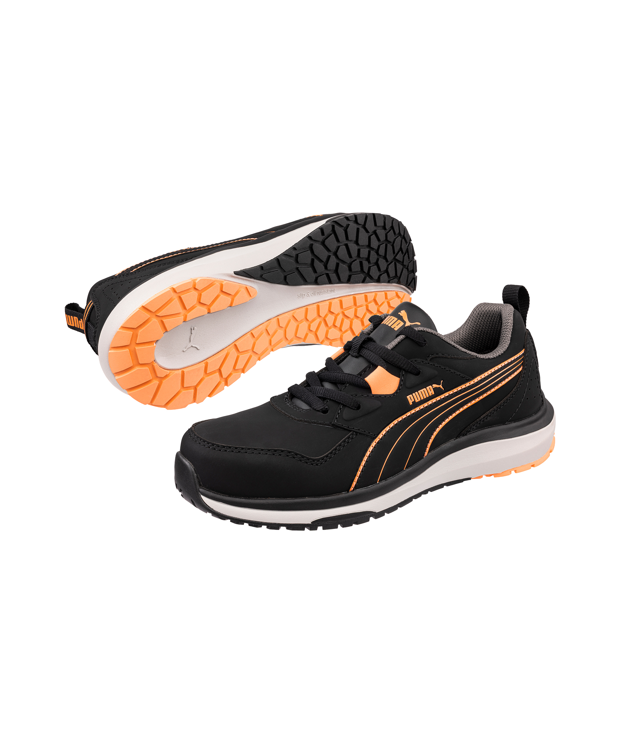 PUMA SAFETY Stepper Low S3S Damen in Schwarz/Orange – Vorderansicht