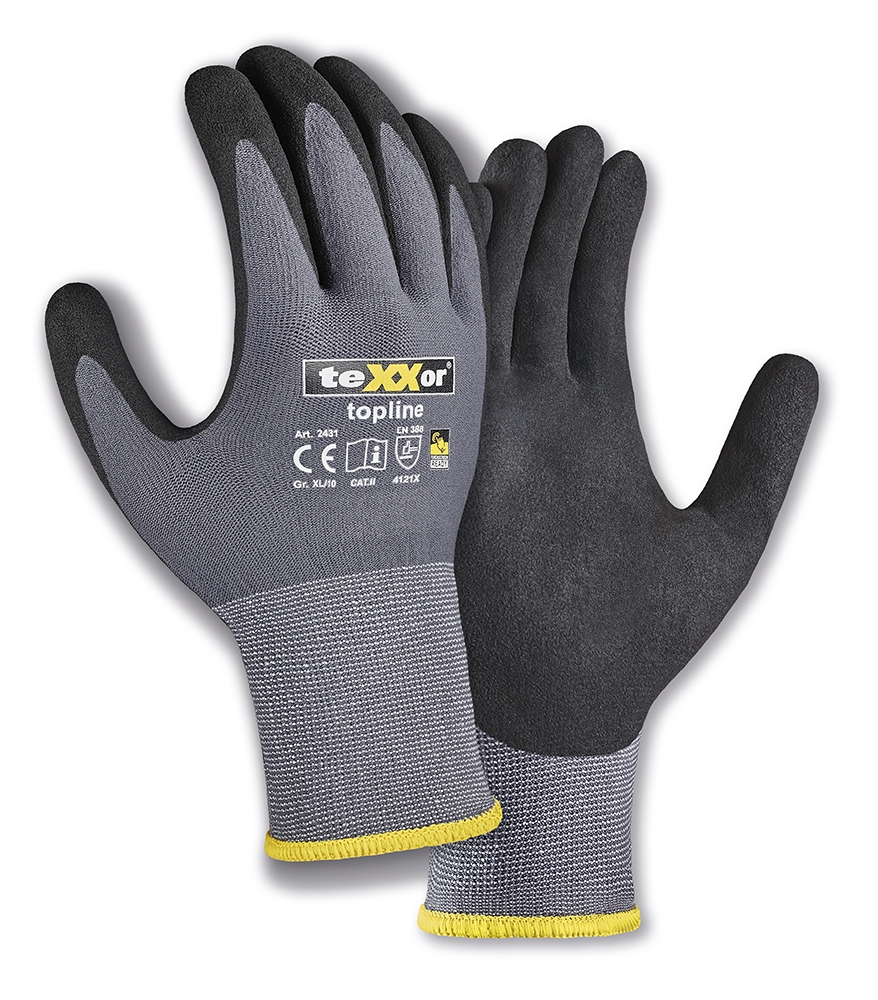 teXXor® topline Nylon-Strickhandschuhe NITRIL BESCHICHTET in Grau/Schwarz – Vorderansicht