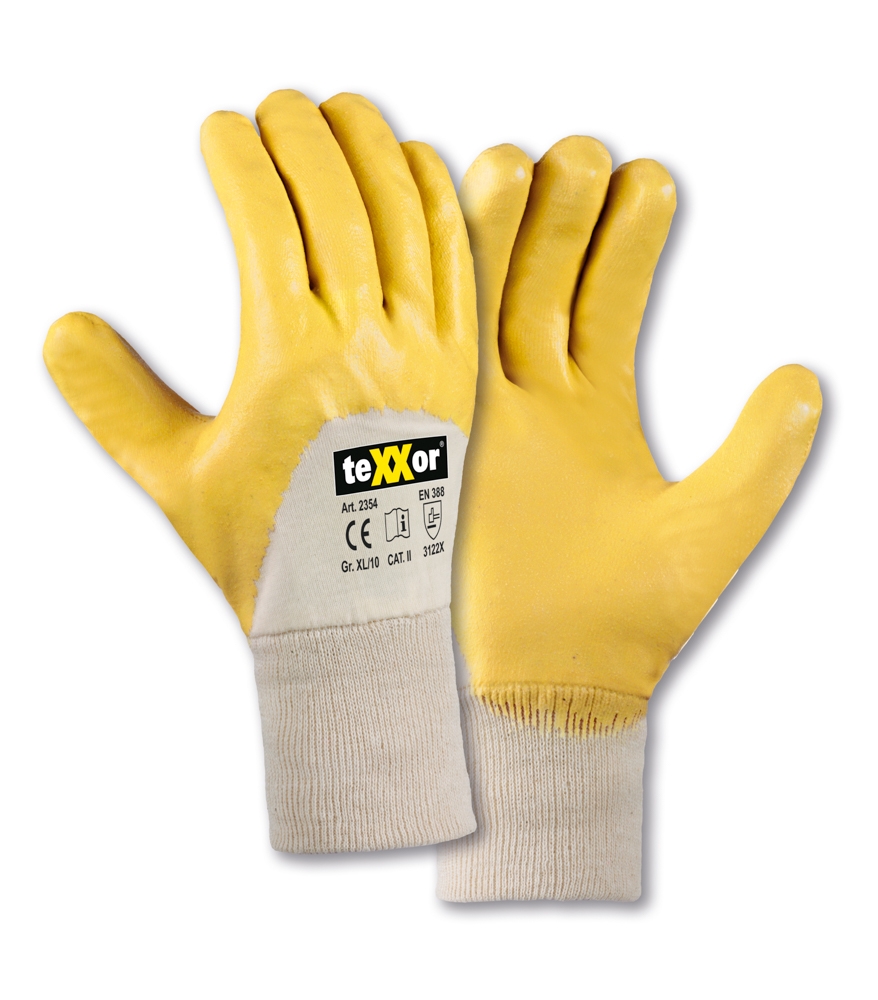 teXXor® Nitril-Handschuhe STRICKBUND in Gelb – Vorderansicht