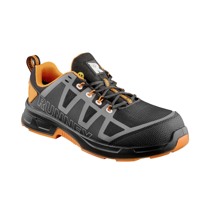 RUNNEX® S3S ESD-Sicherheitshalbschuhe ActionStar in Schwarz/Grau/Orange – Vorderansicht